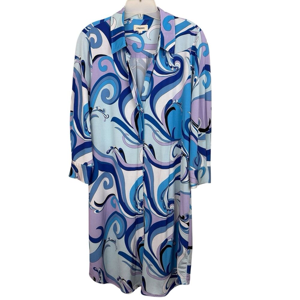L'AGENCE  Addison Print Shirt Dress in Provence Blue Lavender Sz Large Belted